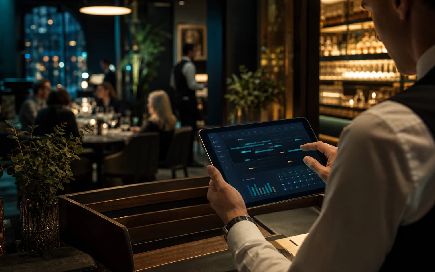 Restaurant team reviewing the daily reservation rhythm on a tablet