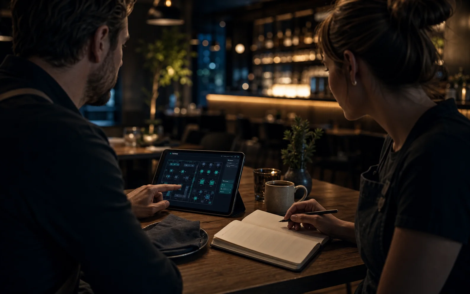 Restaurant team reviewing launch settings on a tablet